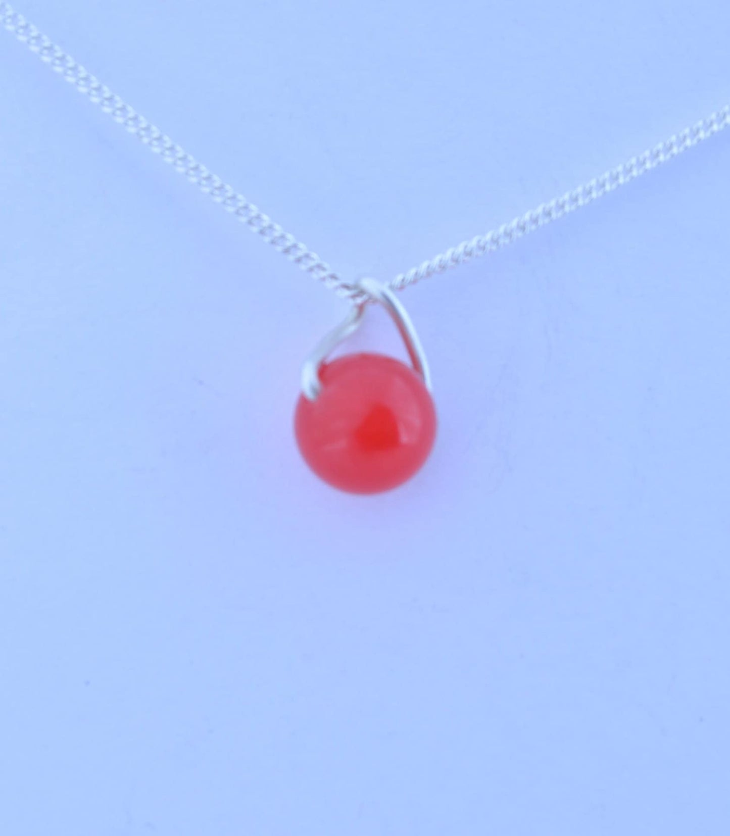 silver red jade necklace, round shape pendant, 18” chain