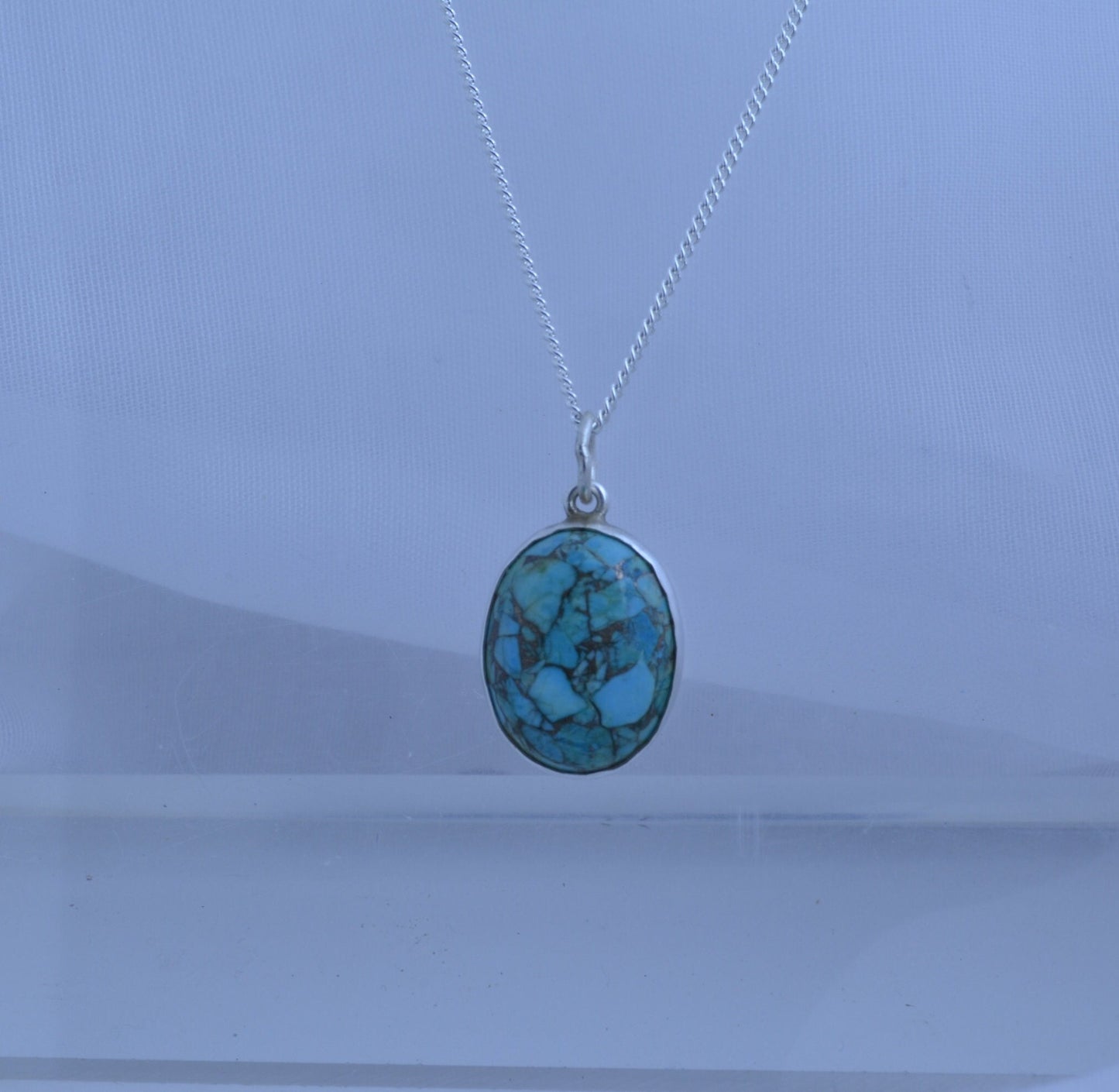 turquoise silver necklace, oval blue pendant, 18” chain