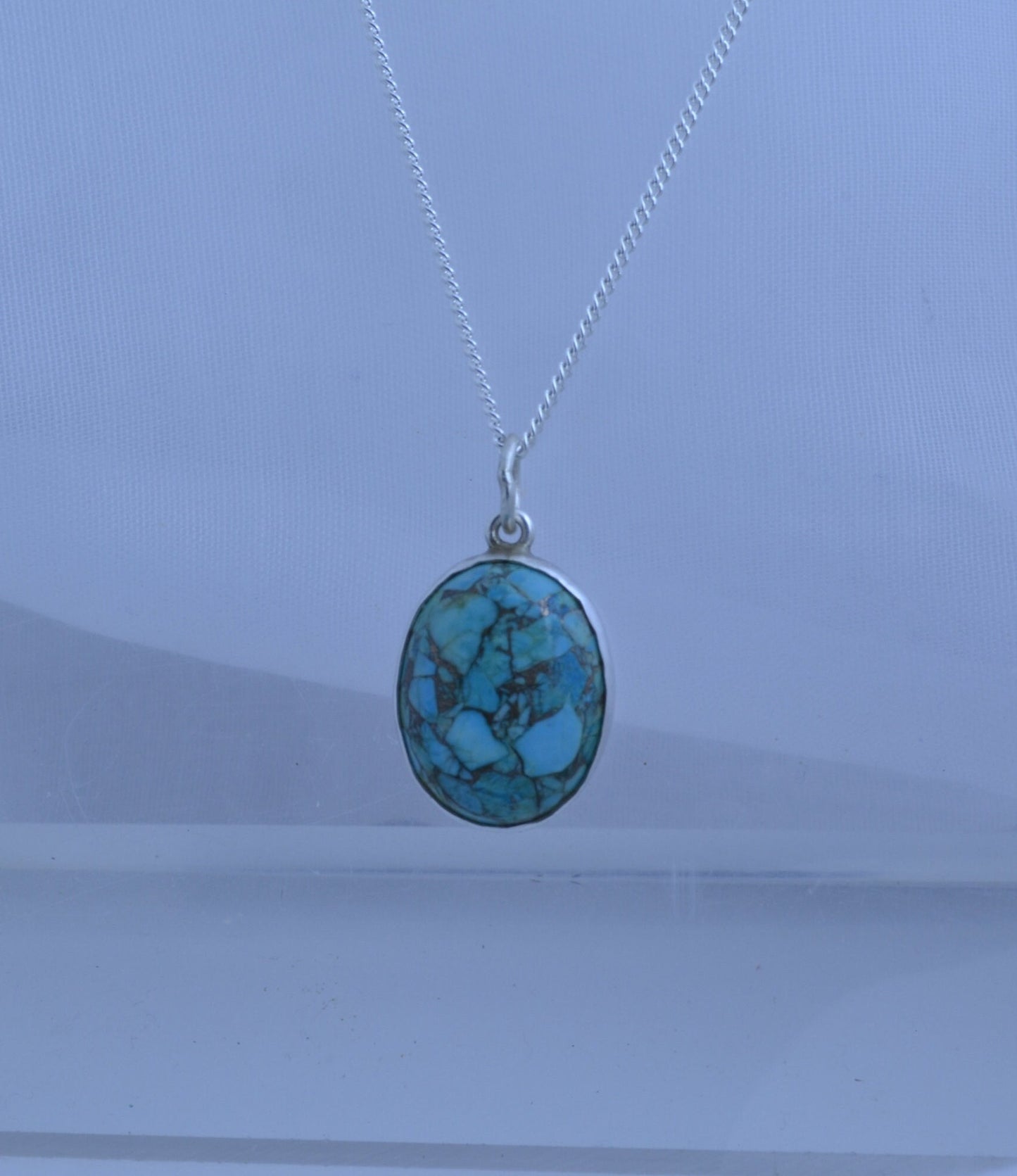 turquoise silver necklace, oval blue pendant, 18” chain