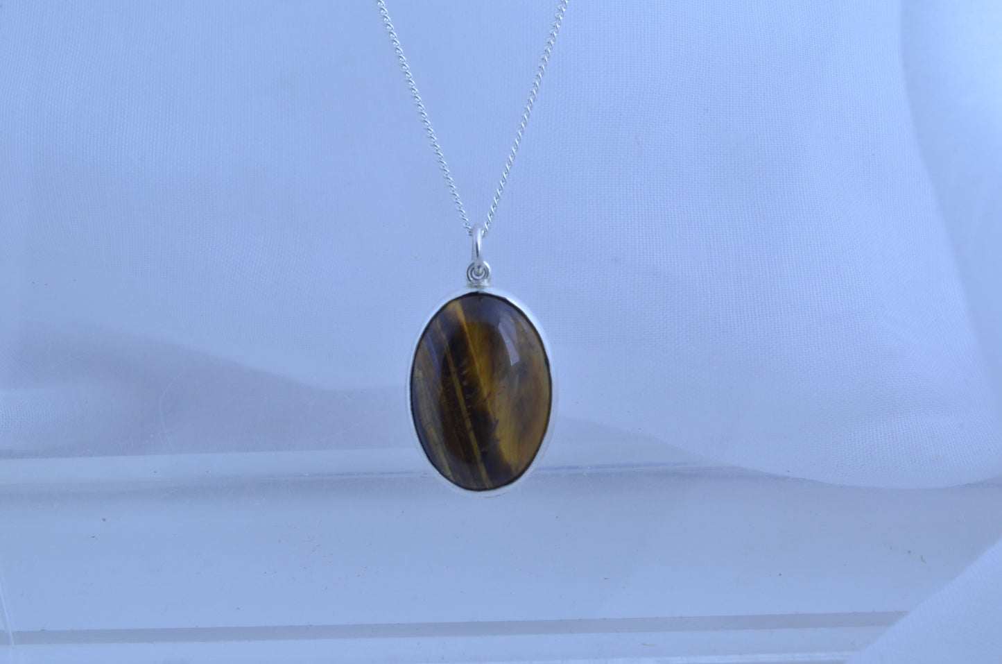 silver tiger’s eye necklace, oval natural brown gemstone pendant, 18” chain