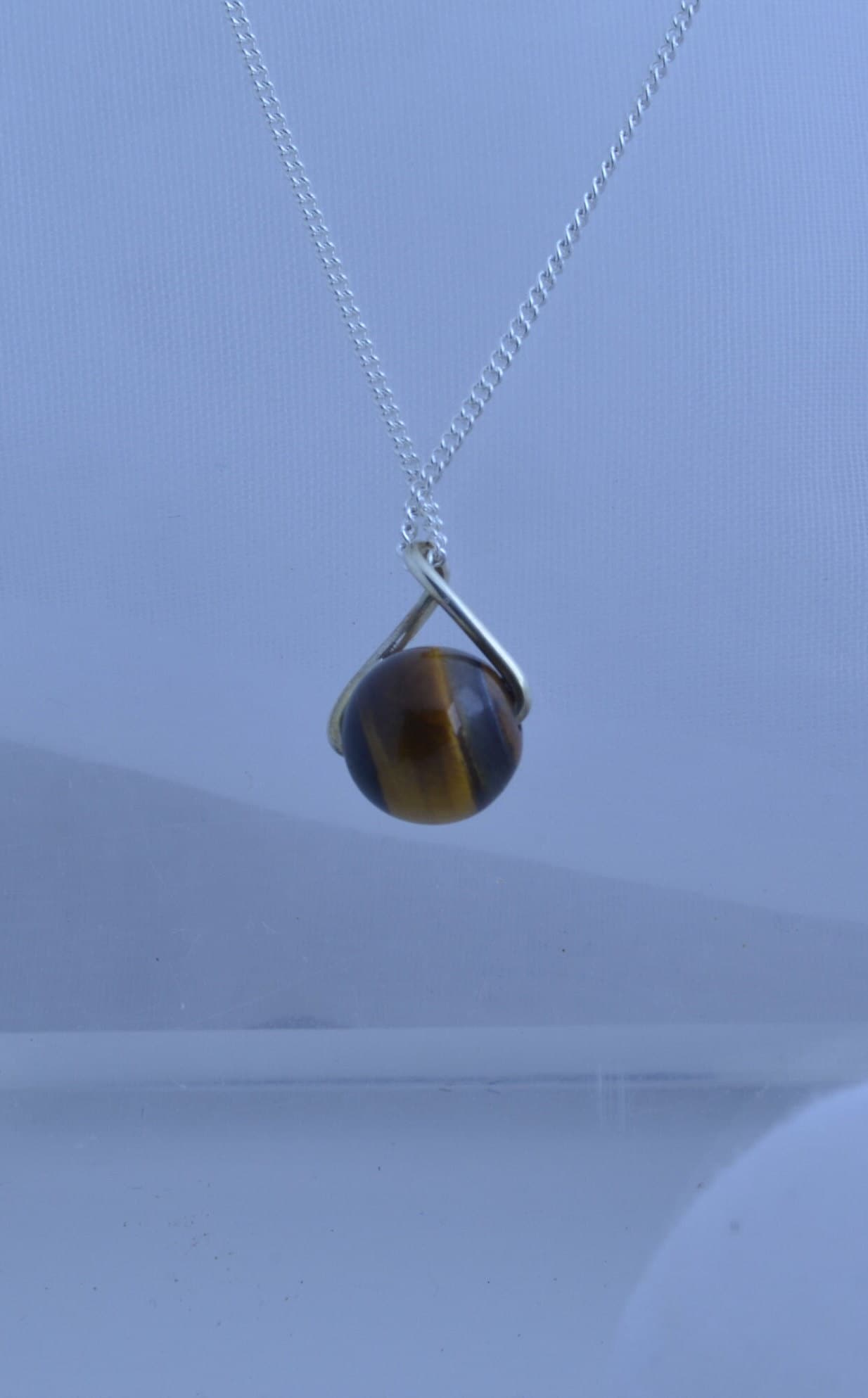 silver necklace, round natural brown tiger’s eye gemstone pendant, 18” solid sterling silver chain