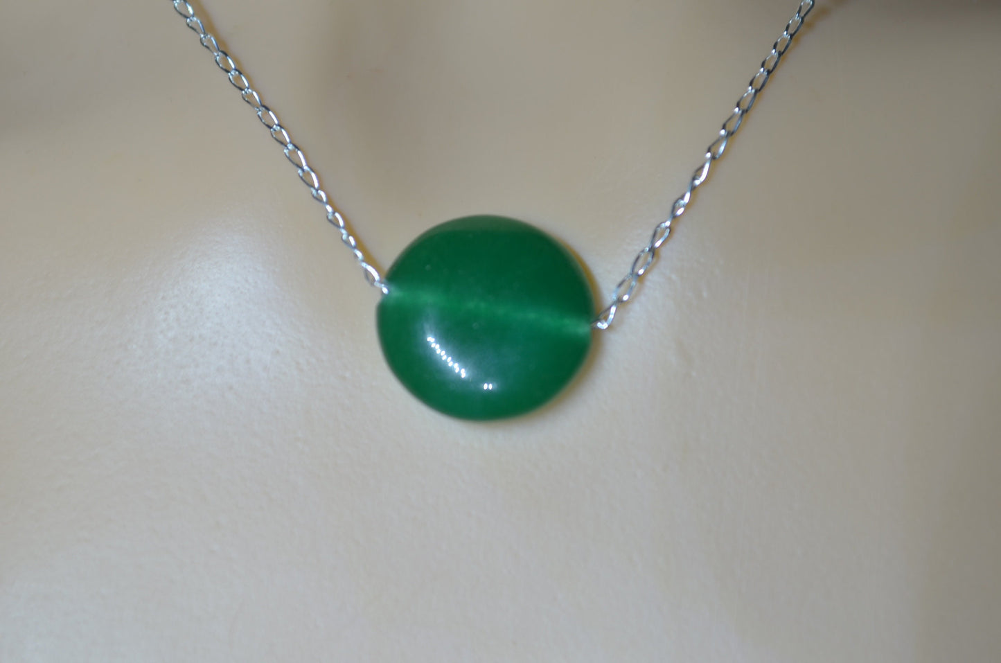 green onyx silver chain necklace, circle shape natural gemstone, 18” chain