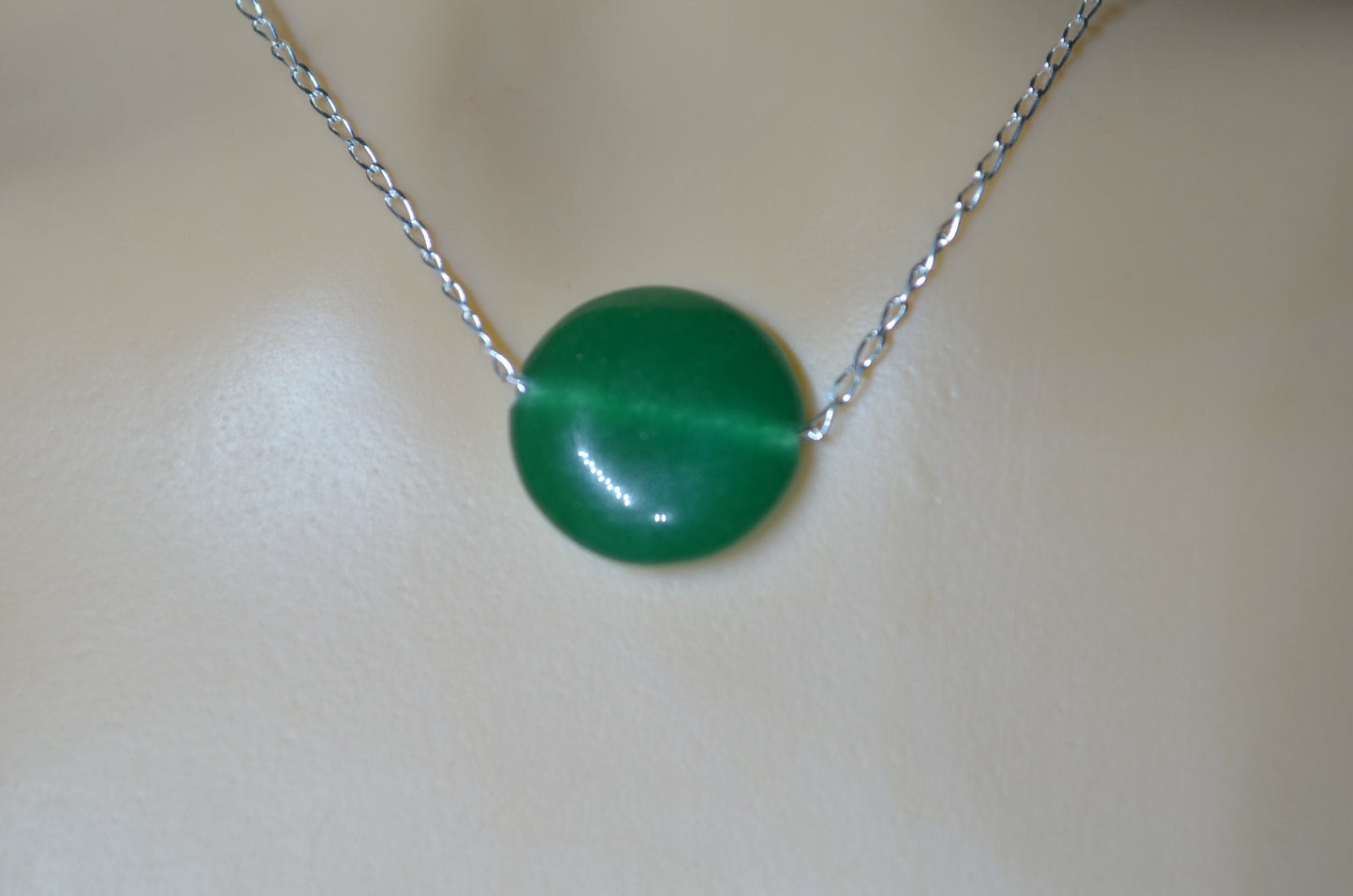 green onyx silver chain necklace, circle shape natural gemstone, 18” chain