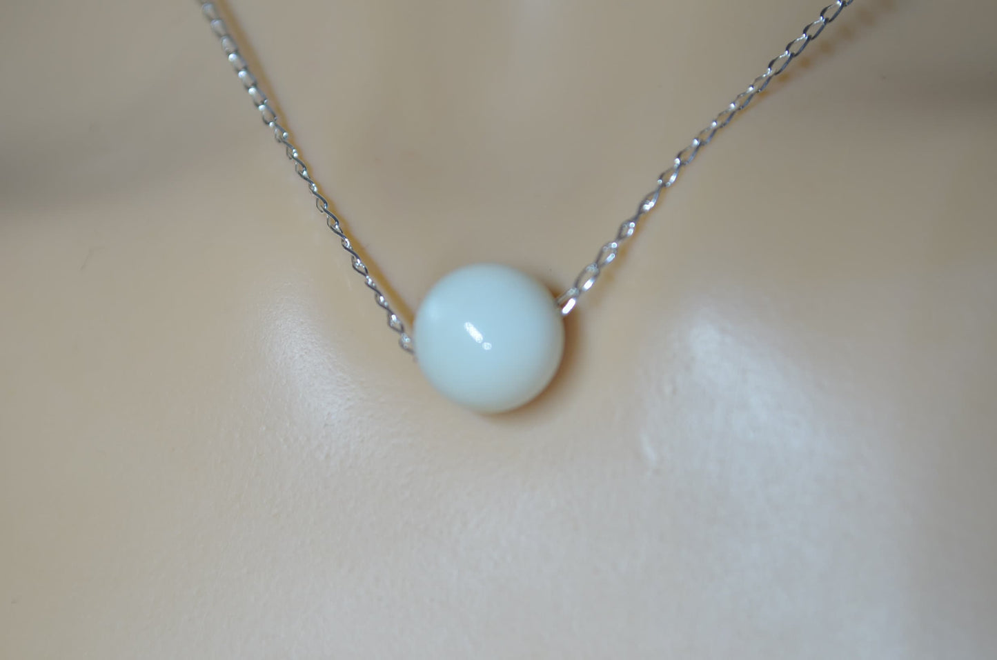 white moonstone bead silver necklace, round shape natural stone pendant, 18” chain