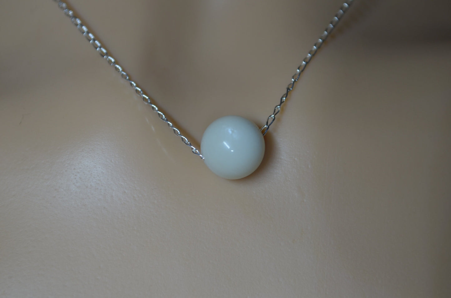 white moonstone bead silver necklace, round shape natural stone pendant, 18” chain
