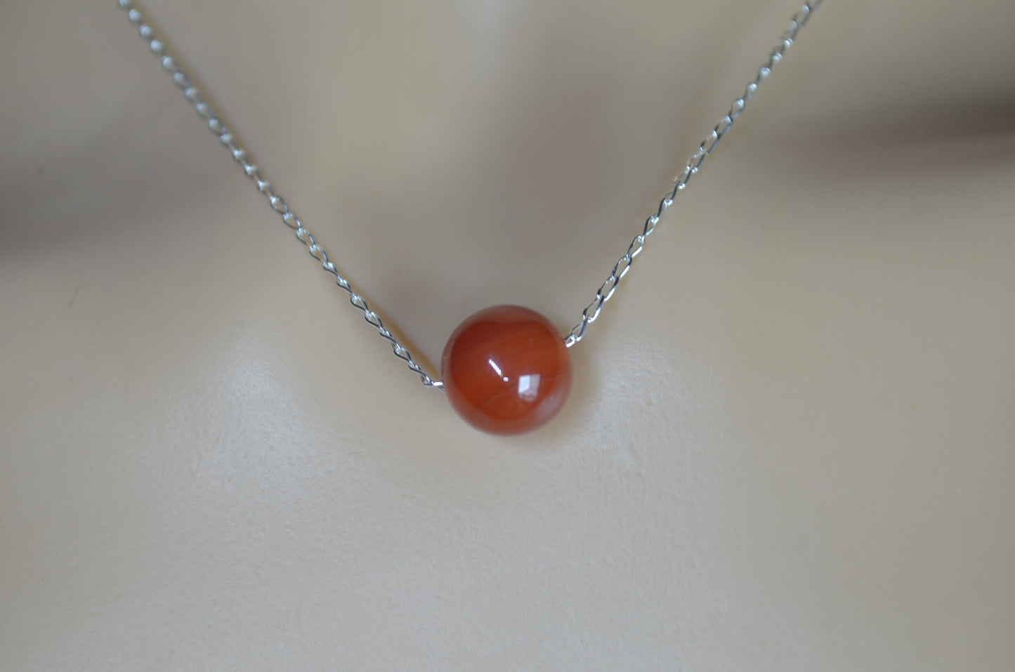 silver necklace carnelian bead, round natural red gemstone pendant, 18” chain