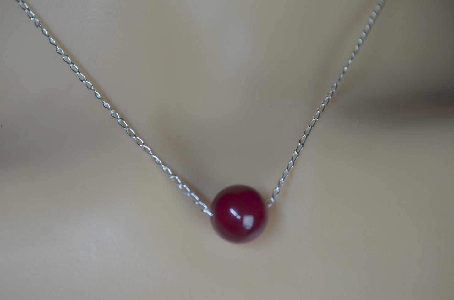 silver red ruby jade necklace, round shape bead pendant, 18” chain