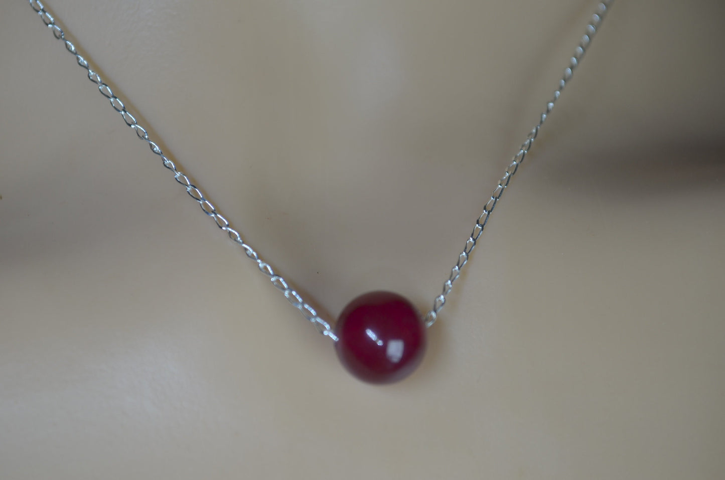 silver red ruby jade necklace, round shape bead pendant, 18” chain