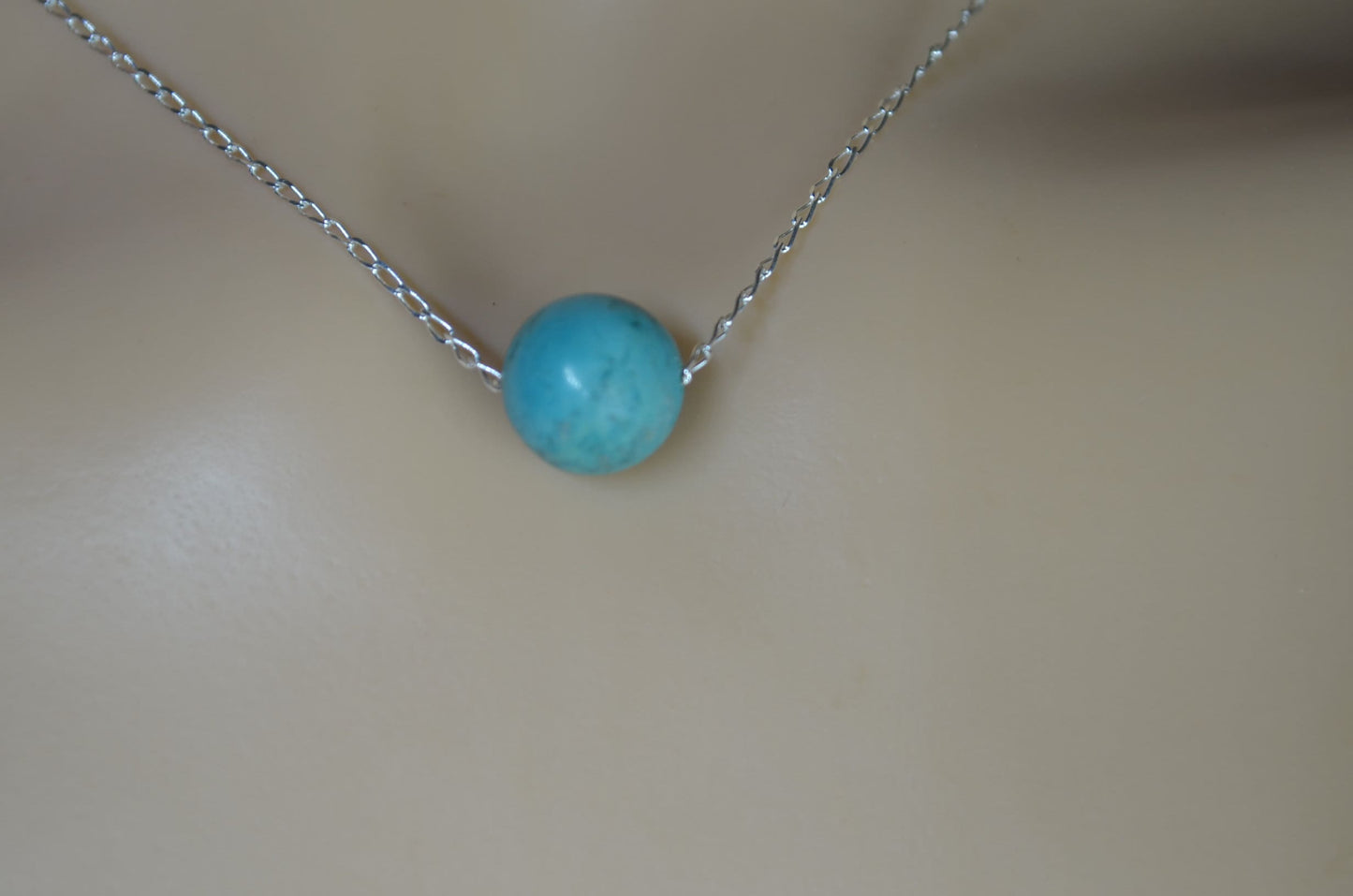 turquoise bead silver necklace, round blue pendant, 18” chain