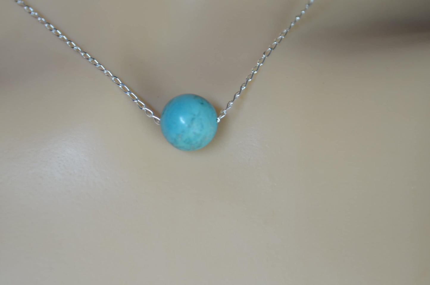 turquoise bead silver necklace, round blue pendant, 18” chain