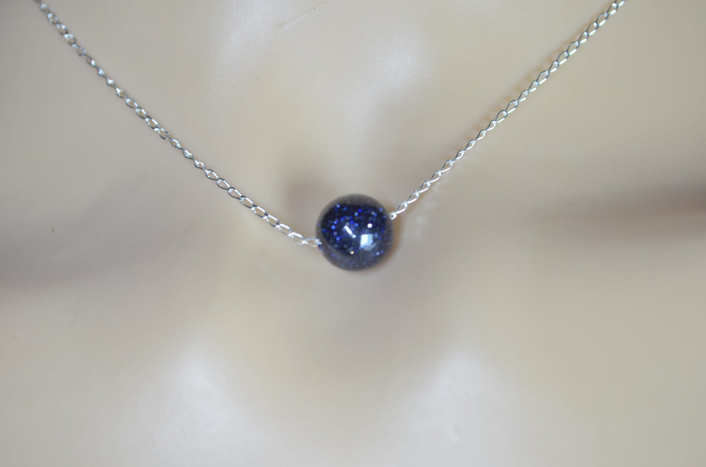 silver chain necklace blue goldstone bead, 18” chain