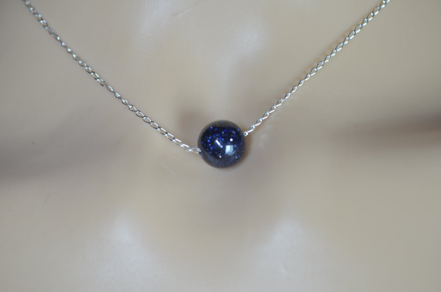 silver chain necklace blue goldstone bead, 18” chain