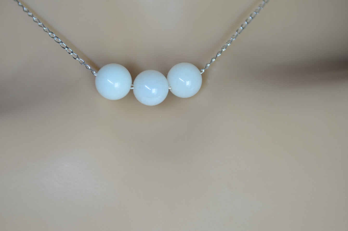 white moonstone 3 beads silver necklace, round shape natural stone pendant, 18” chain