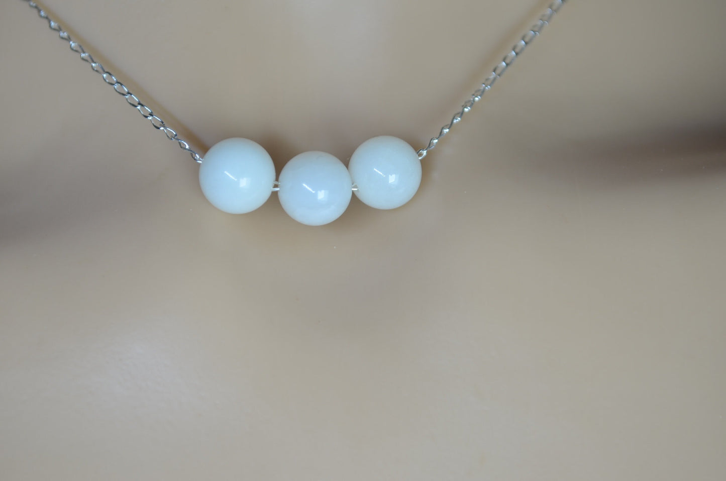 white moonstone 3 beads silver necklace, round shape natural stone pendant, 18” chain