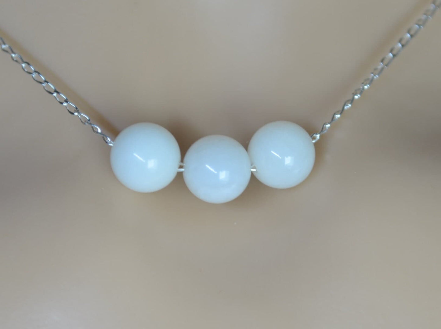 white moonstone 3 beads silver necklace, round shape natural stone pendant, 18” chain