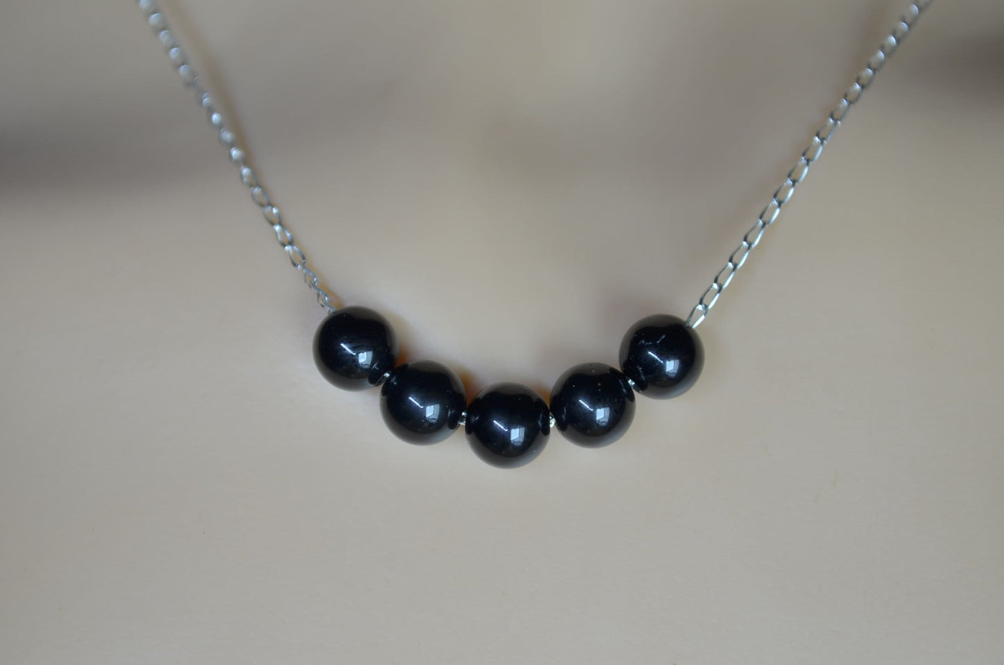 black onyx 5 beads and solid sterling silver chain necklace, bell shape natural gemstone