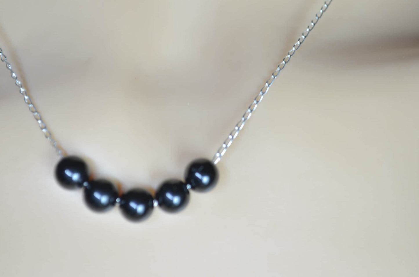 black onyx 5 beads and solid sterling silver chain necklace, bell shape natural gemstone