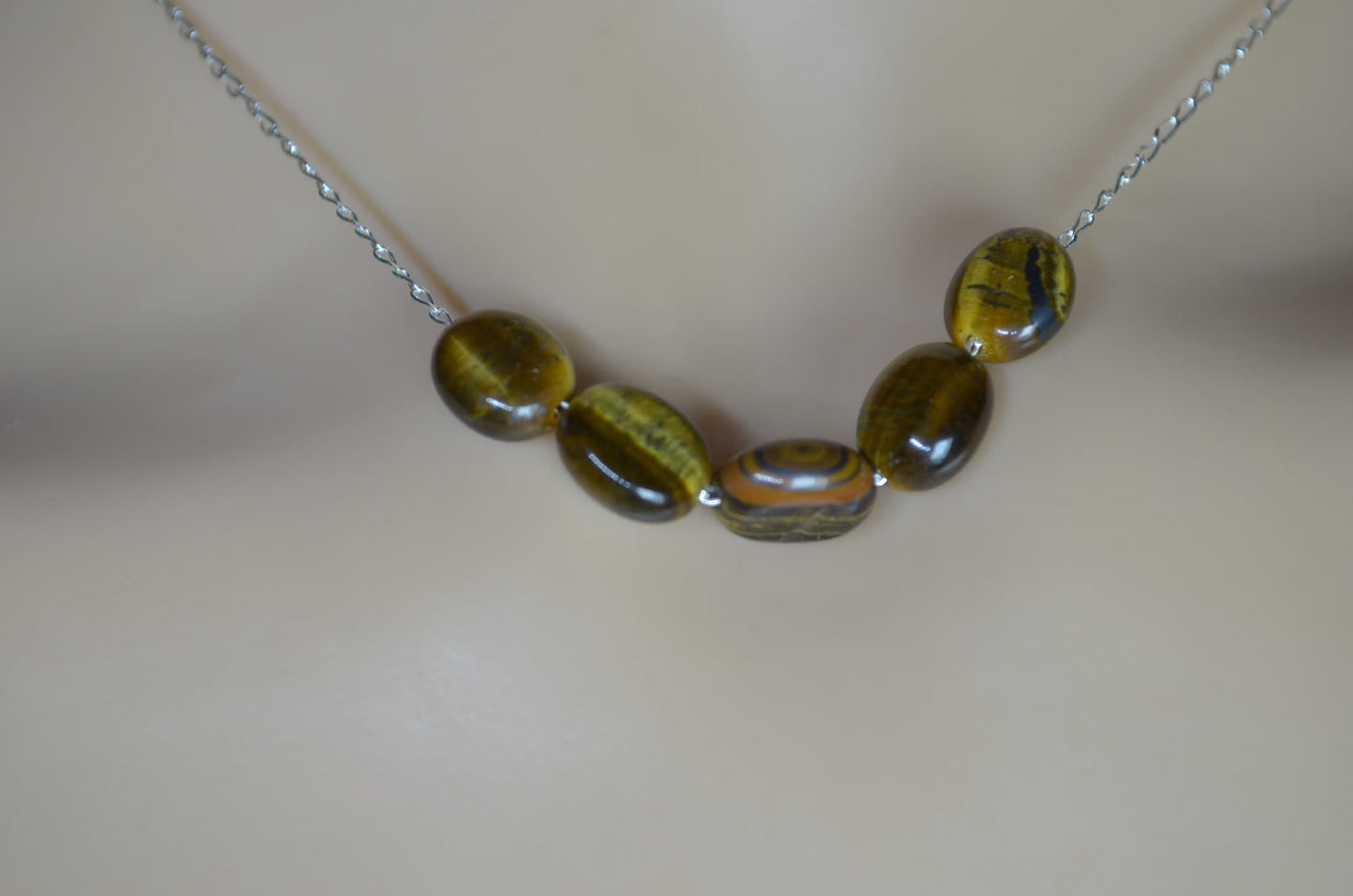 tiger’s eye 5 beads necklace, round natural brown gemstone , 18”  solid sterling silver chain