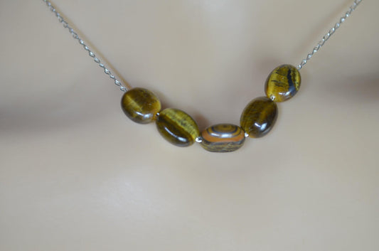 tiger’s eye 5 beads necklace, round natural brown gemstone , 18”  solid sterling silver chain