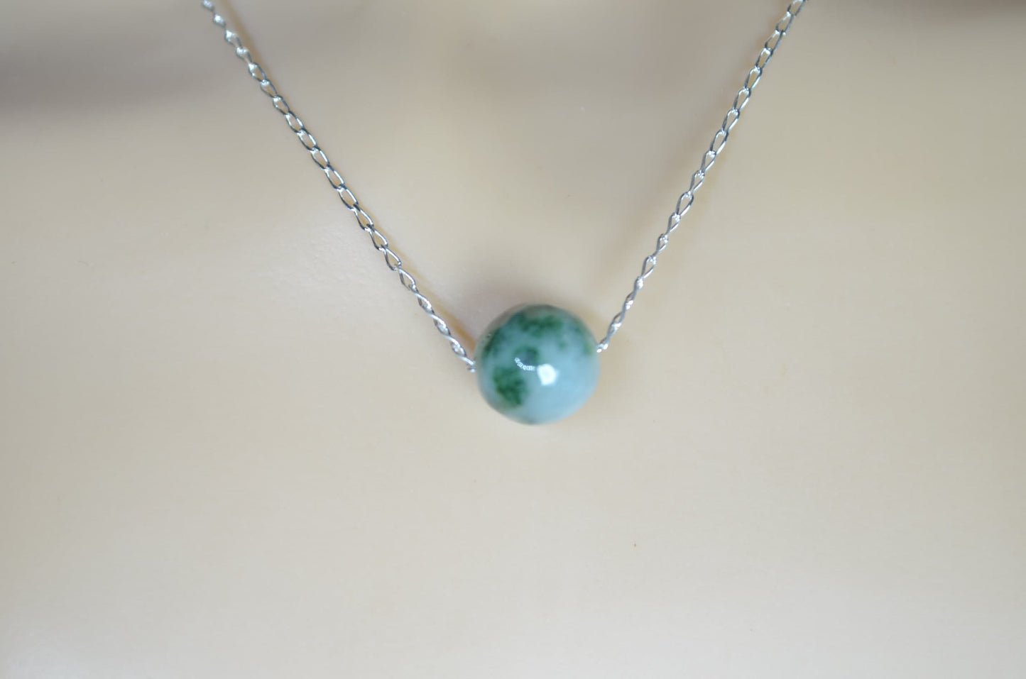 jade silver pendant and solid sterling silver chain necklace, bell shape spotted green natural gemstone