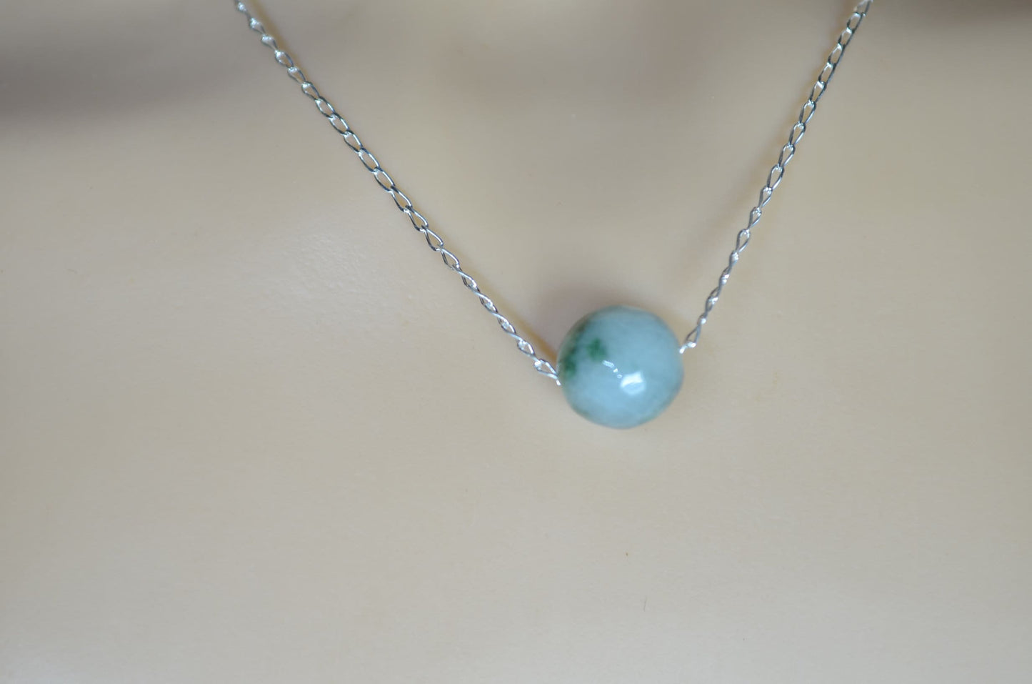 jade silver pendant and solid sterling silver chain necklace, bell shape spotted green natural gemstone