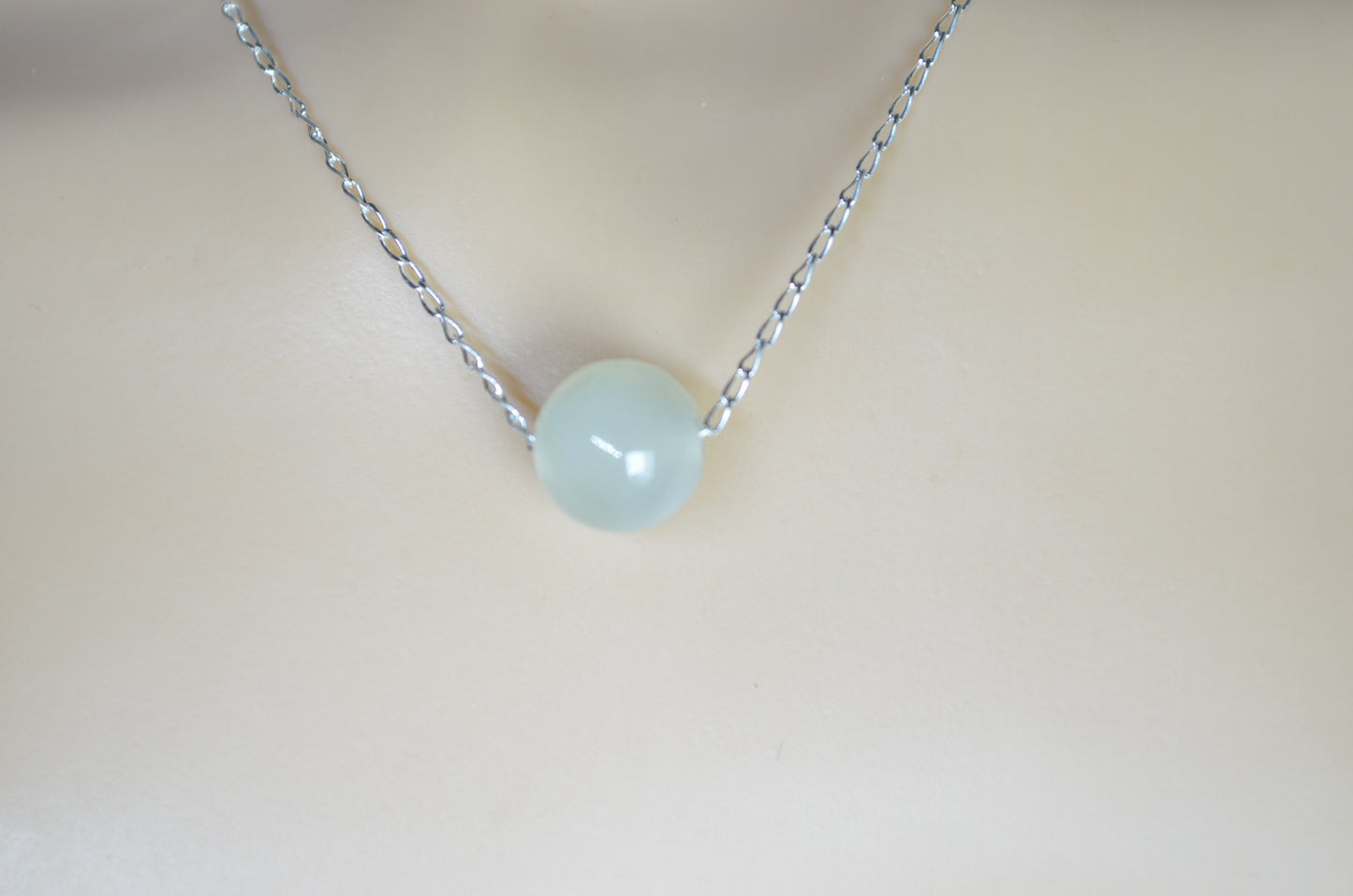 jade bead silver and solid sterling silver chain necklace, bell shape light green natural gemstone