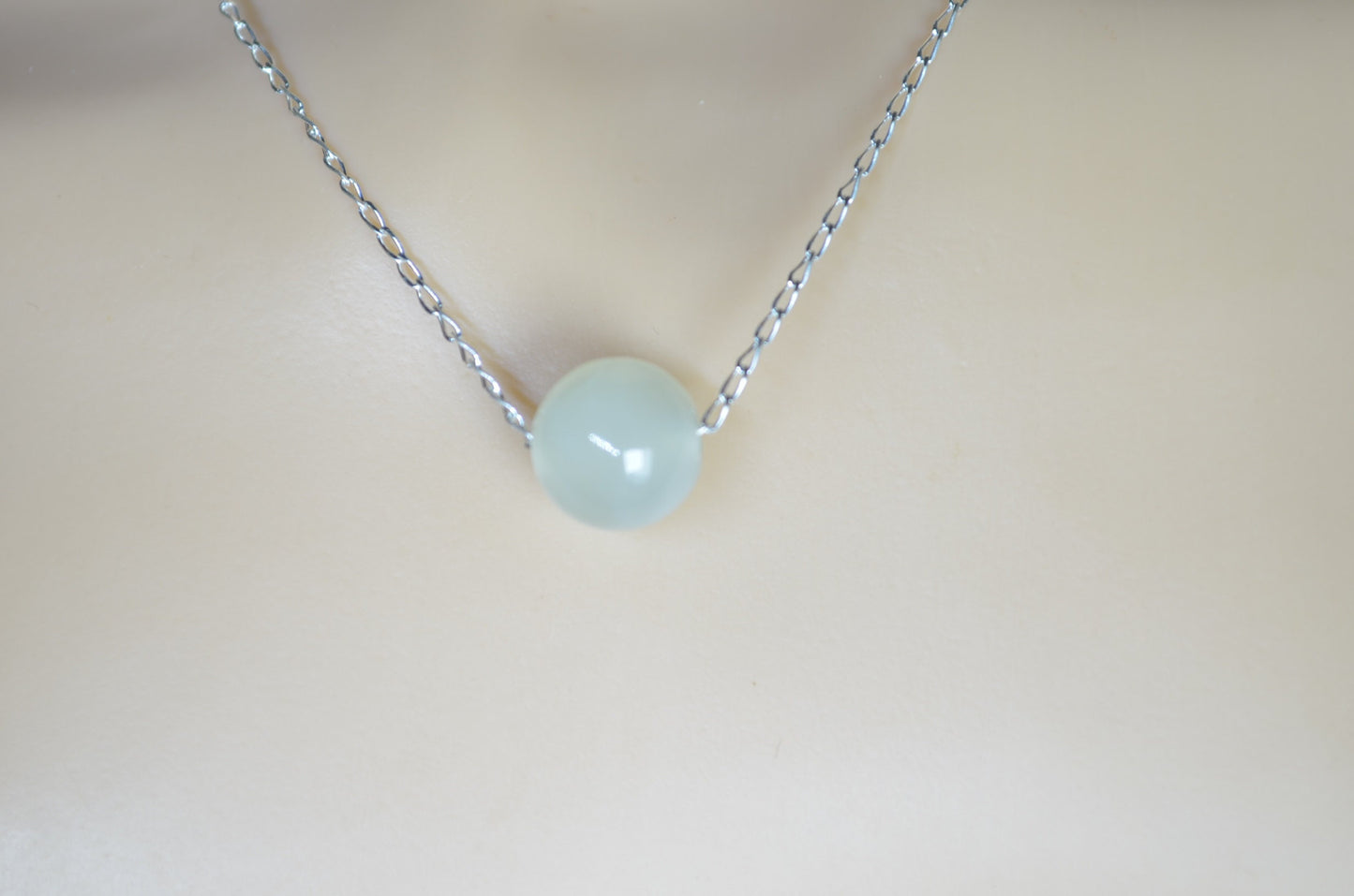 jade bead silver and solid sterling silver chain necklace, bell shape light green natural gemstone