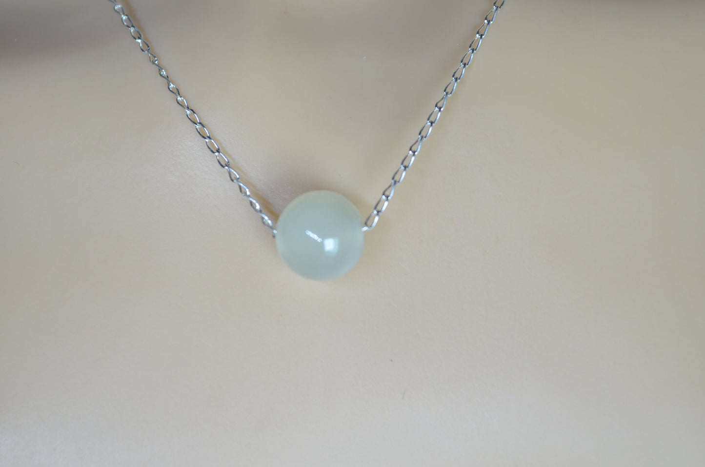 jade bead silver and solid sterling silver chain necklace, bell shape light green natural gemstone