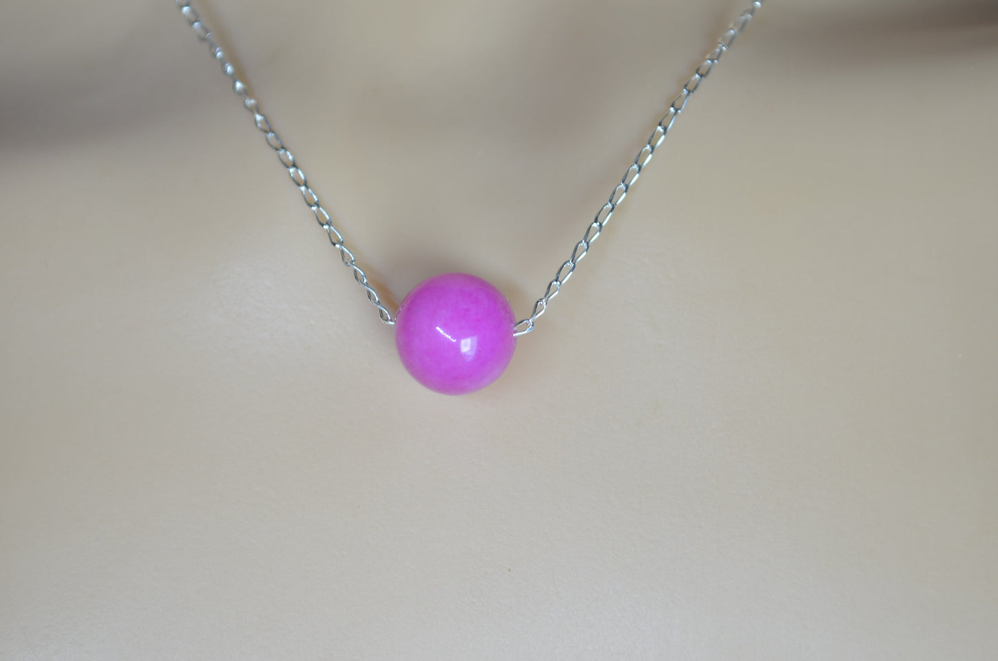 silver pink jade necklace, round shape bead pendant, 18” chain