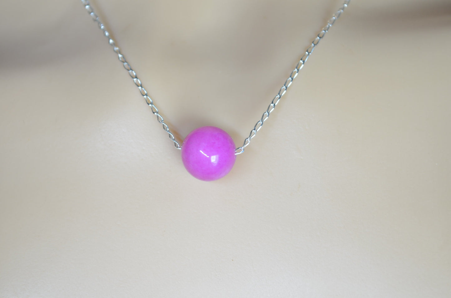 silver pink jade necklace, round shape bead pendant, 18” chain