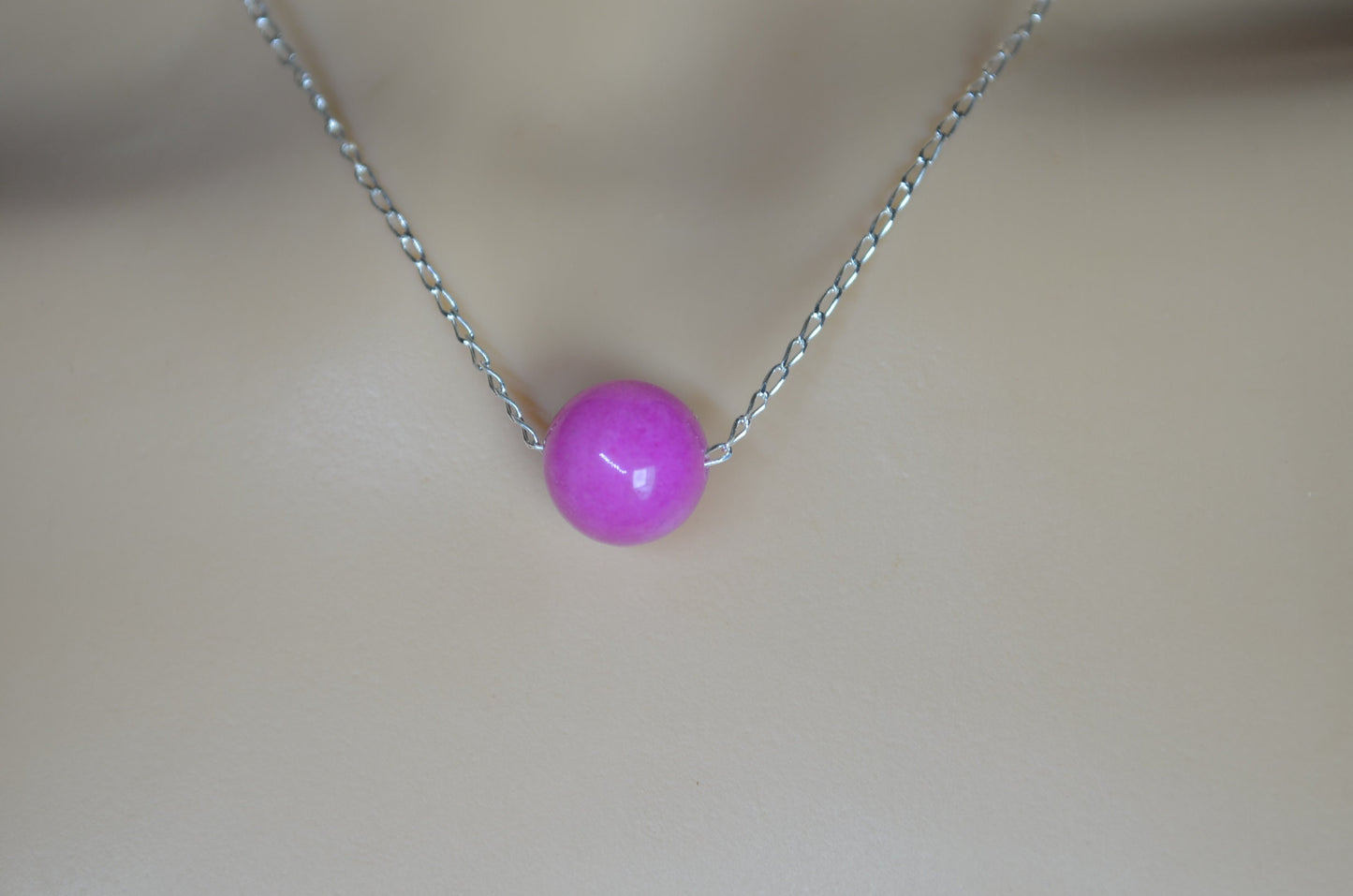 silver pink jade necklace, round shape bead pendant, 18” chain