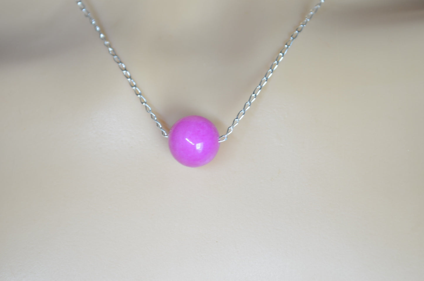 silver pink jade necklace, round shape bead pendant, 18” chain