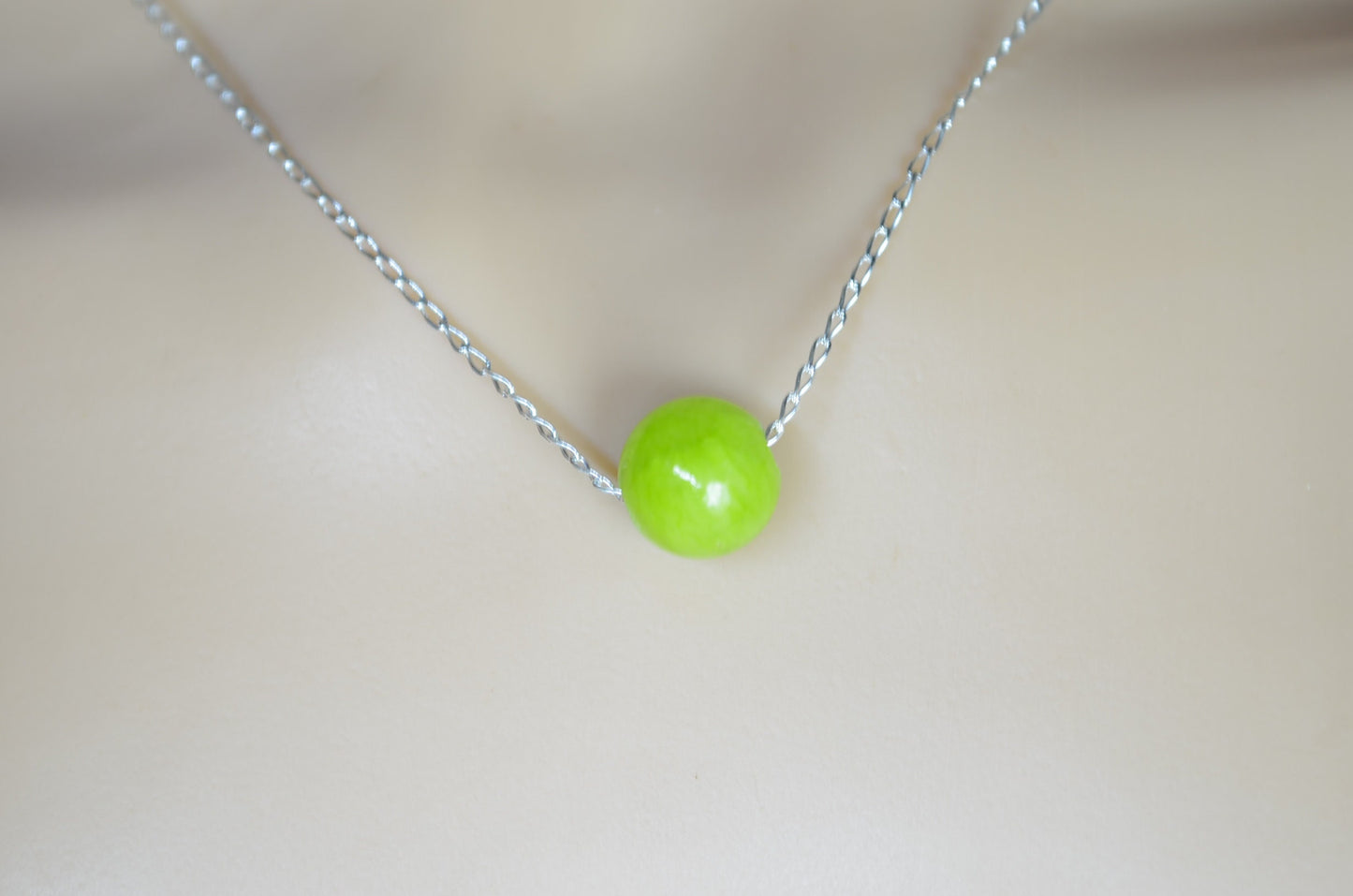 silver jade necklace, round shape bead pendant, 18” chain