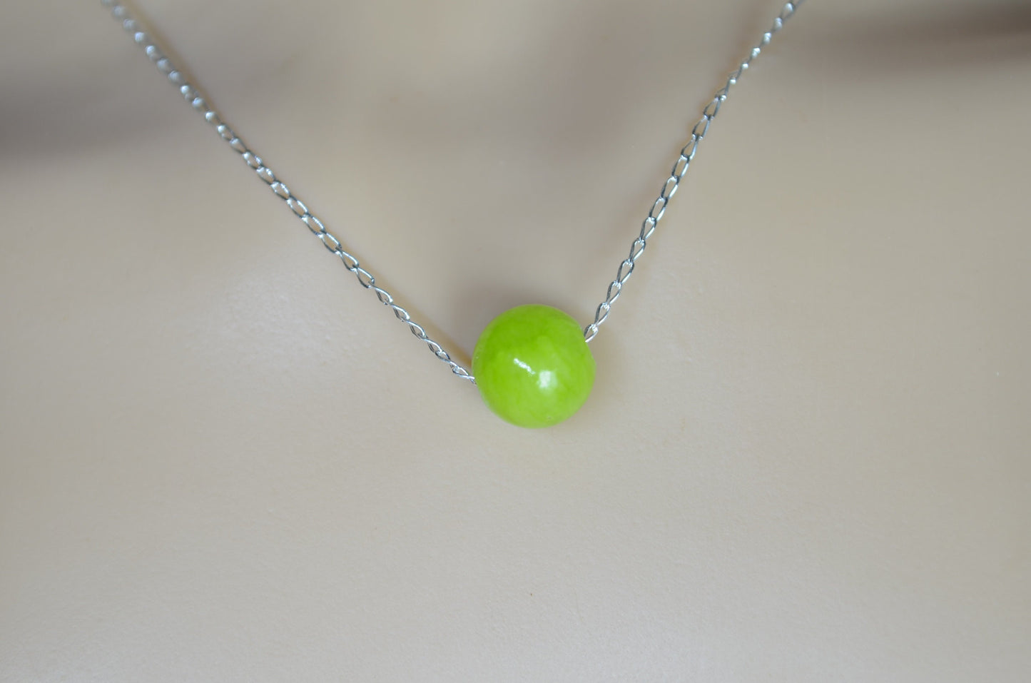 silver jade necklace, round shape bead pendant, 18” chain