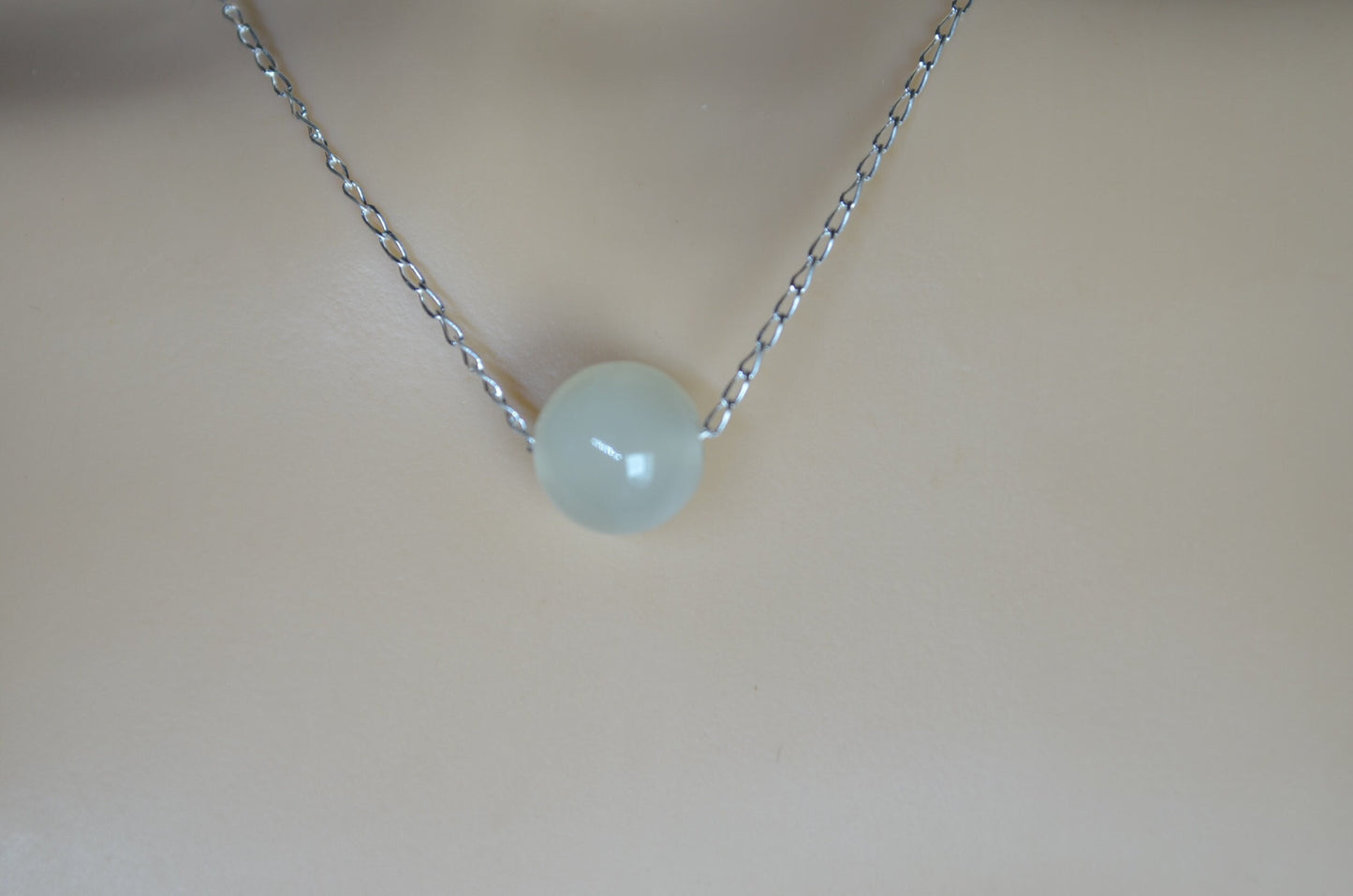 jade bead silver and solid sterling silver chain necklace, bell shape light green natural gemstone