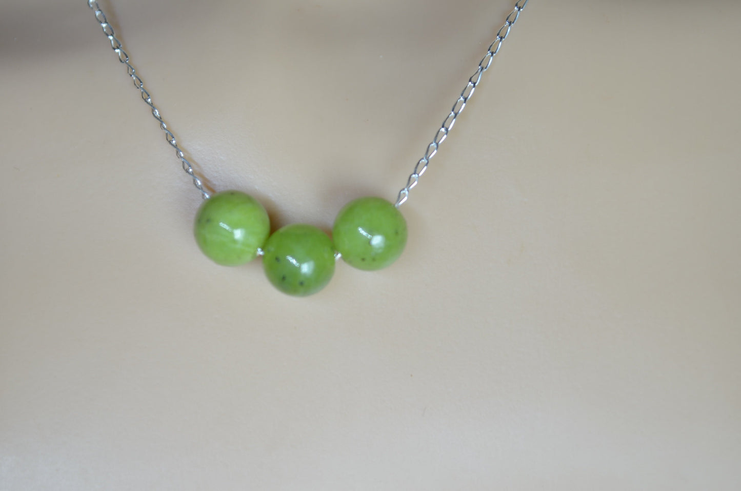 jade beads silver chain necklace, round shape bead pendant, 18” chain