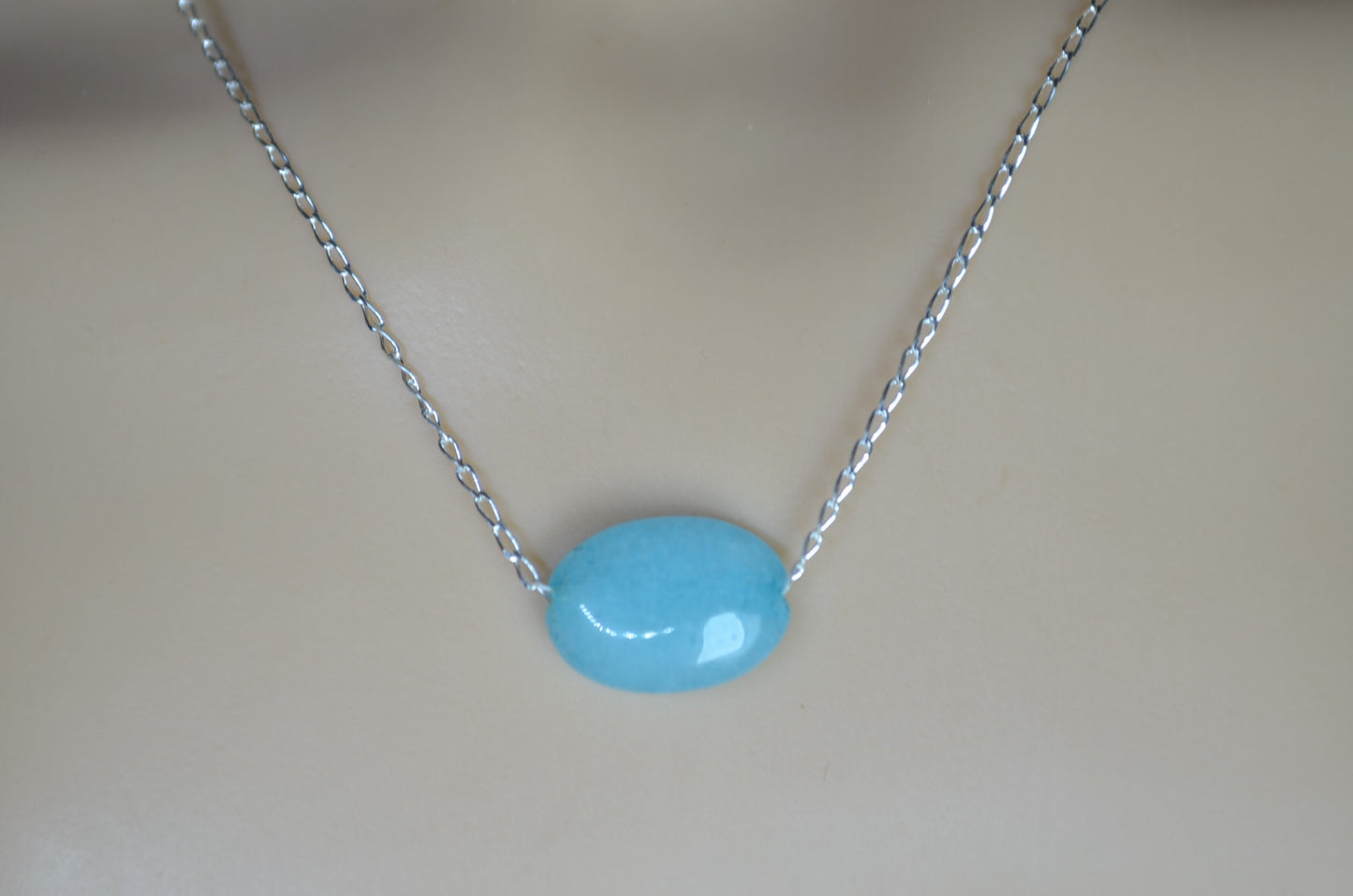 Silver necklace blue jade, oval stone bead, natural materials, 18” chain
