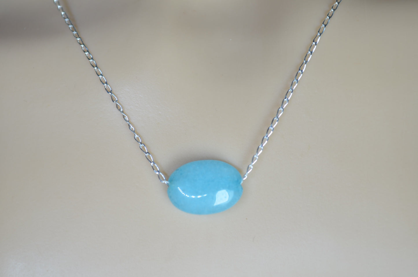 Silver necklace blue jade, oval stone bead, natural materials, 18” chain