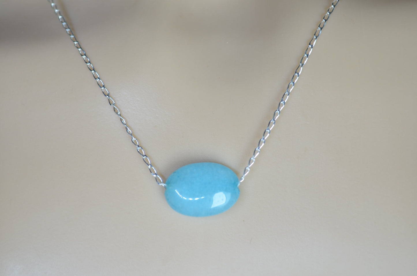 Silver necklace blue jade, oval stone bead, natural materials, 18” chain
