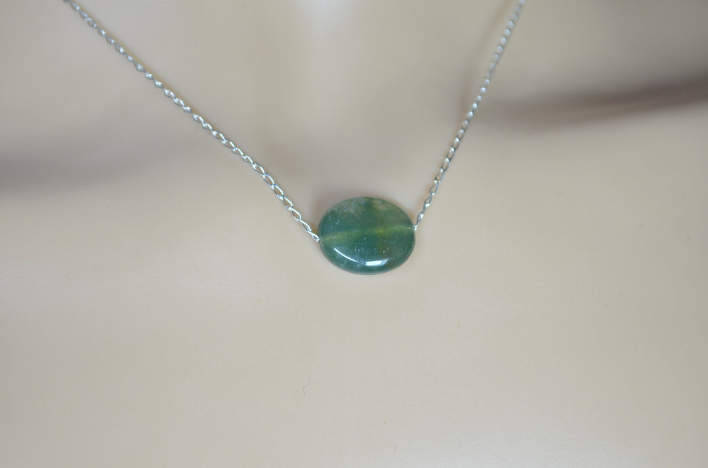 silver necklace moss agate, oval shape natural gemstone, 18” chain