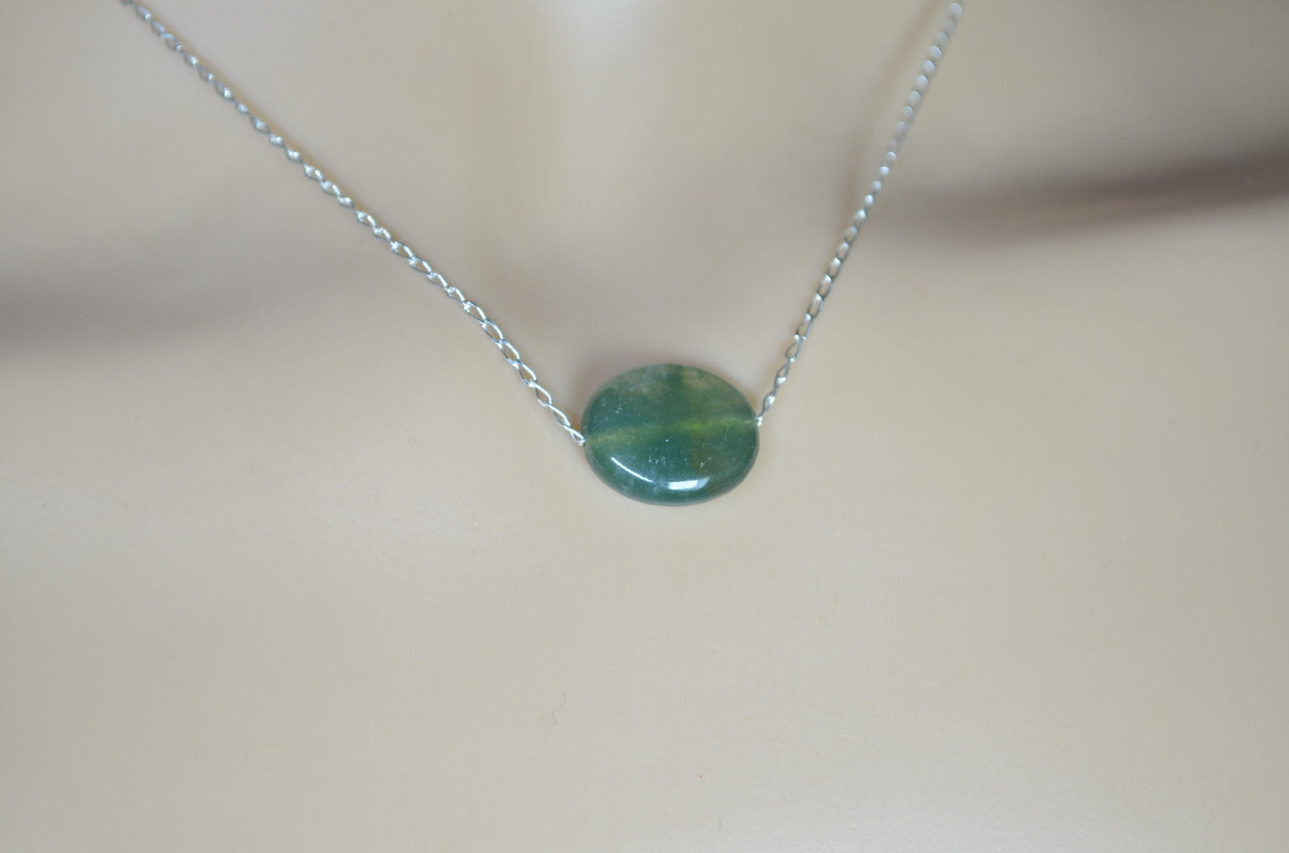 silver necklace moss agate, oval shape natural gemstone, 18” chain