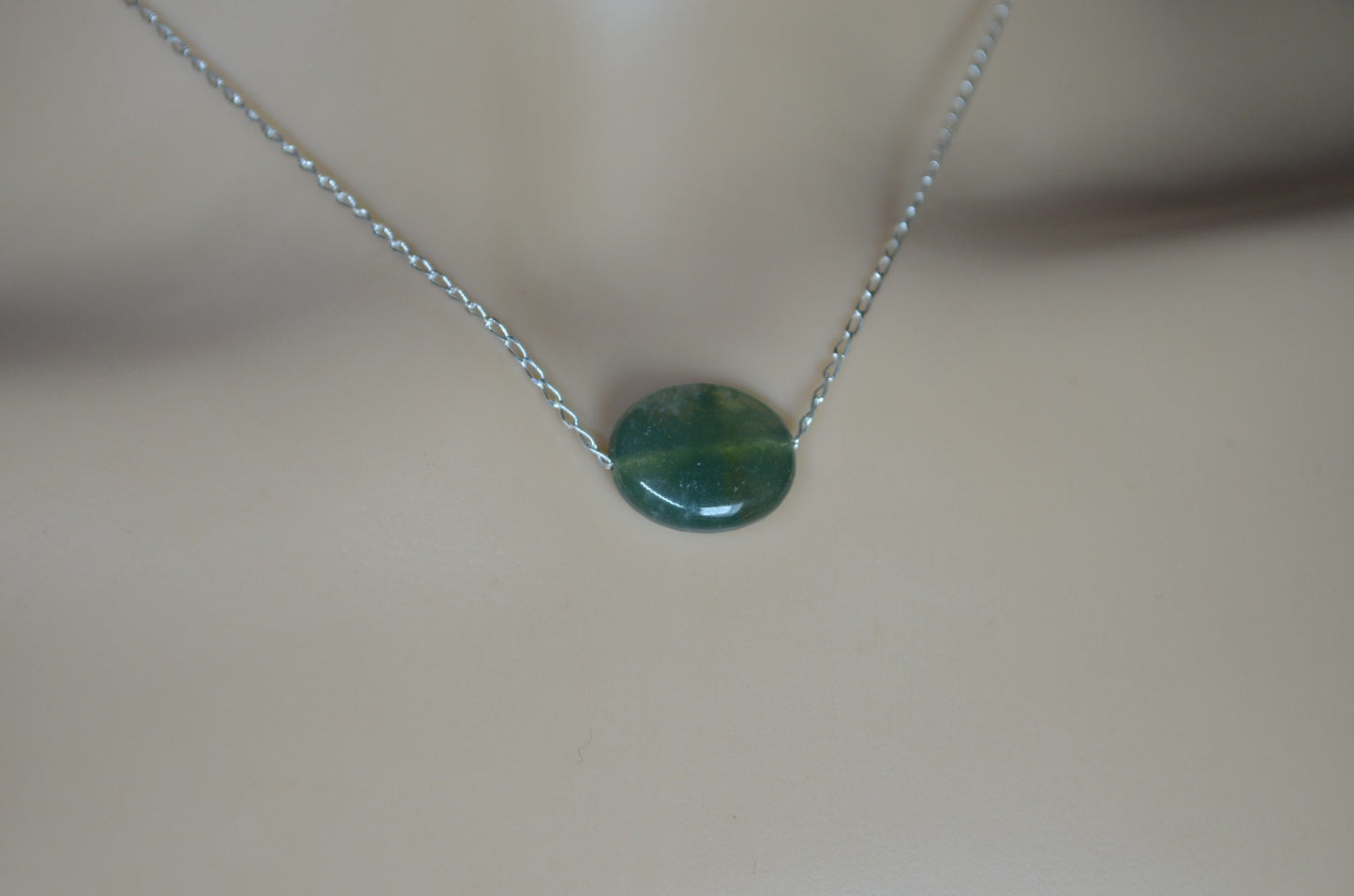 silver necklace moss agate, oval shape natural gemstone, 18” chain