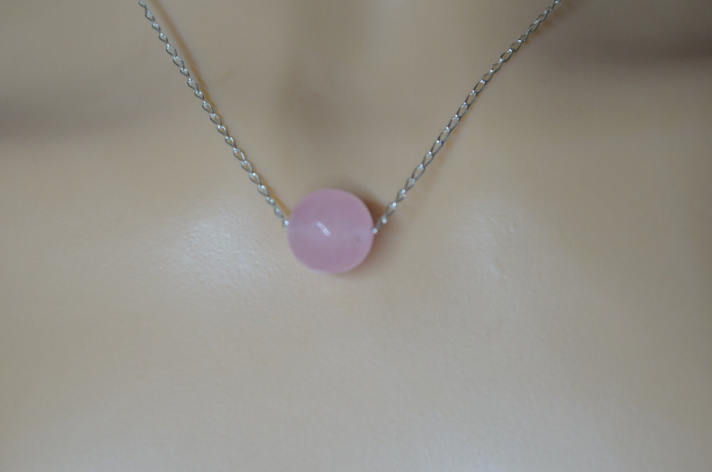 silver rose quartz, round pink pendant, natural gemstone , 18” chain