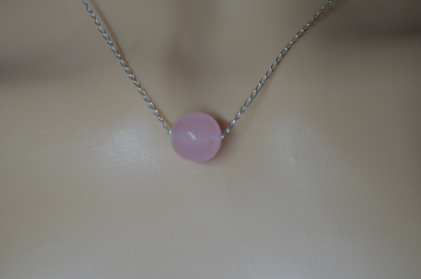 silver rose quartz, round pink pendant, natural gemstone , 18” chain