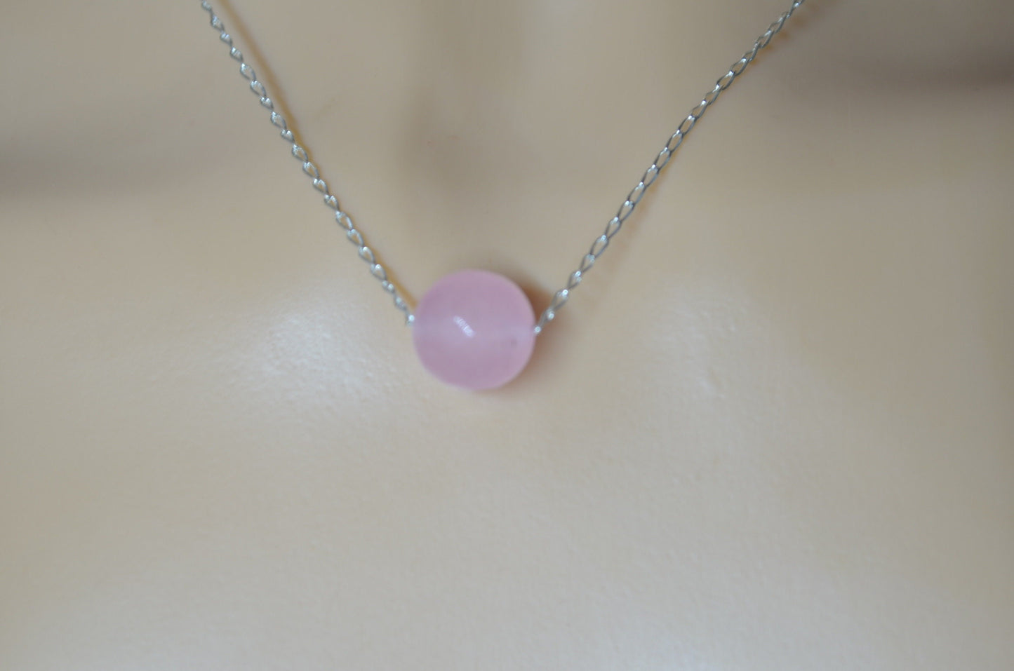 silver rose quartz, round pink pendant, natural gemstone , 18” chain