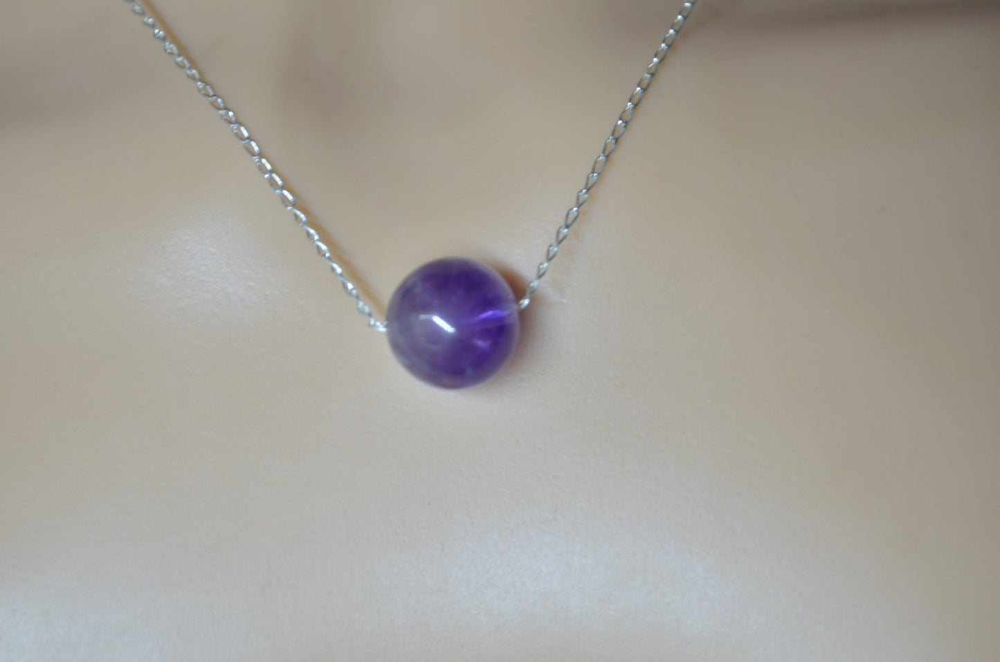 silver amethyst necklace, oval purple natural gemstone pendant, 18” chain