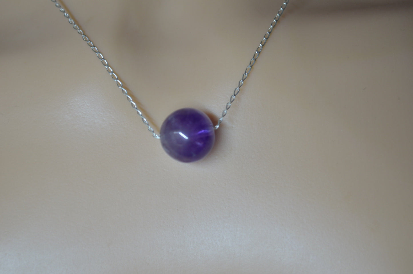 silver amethyst necklace, oval purple natural gemstone pendant, 18” chain