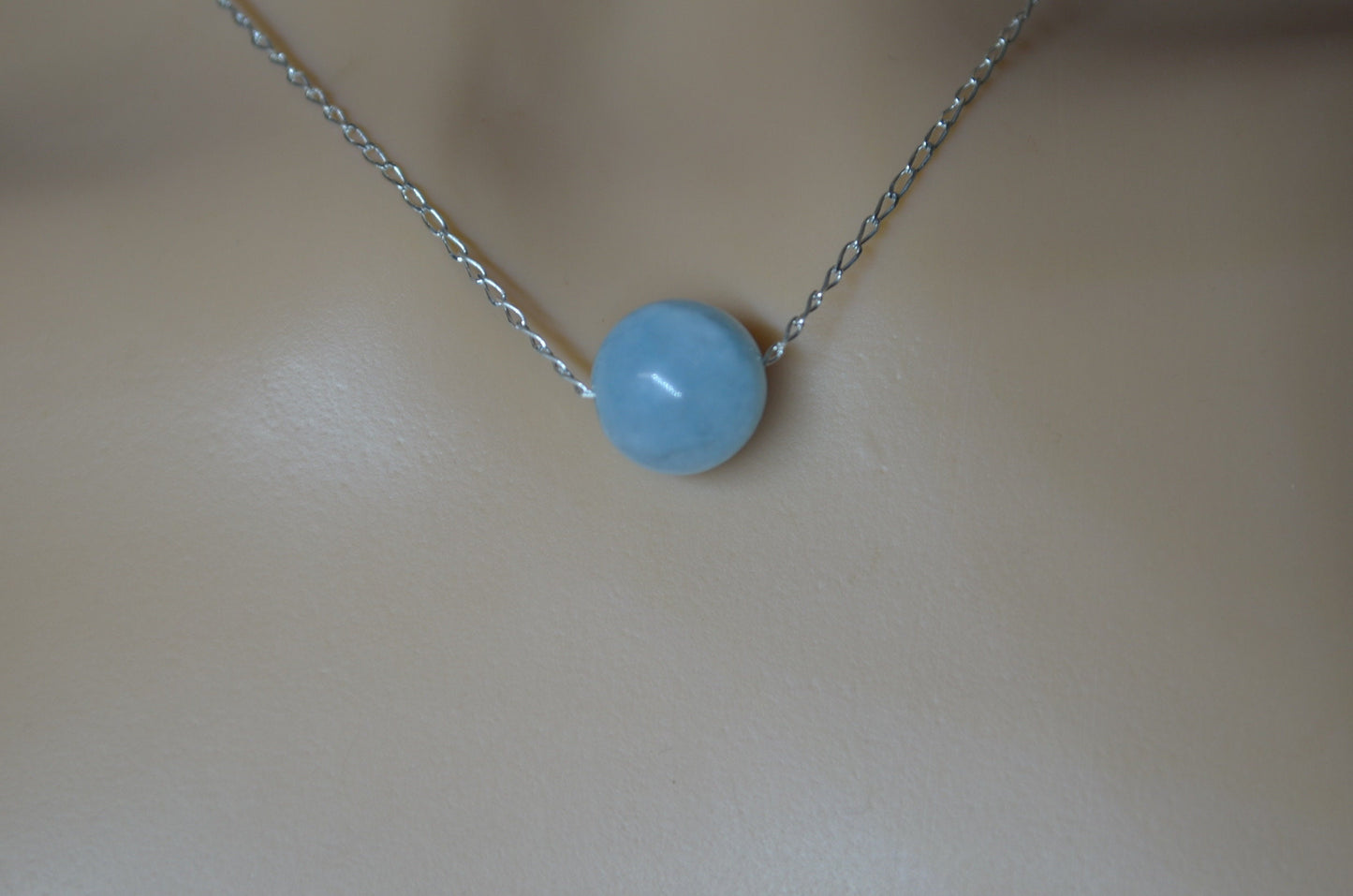 aquamarine necklace, round stone pendant, natural bell shape gemstone, 18” chain