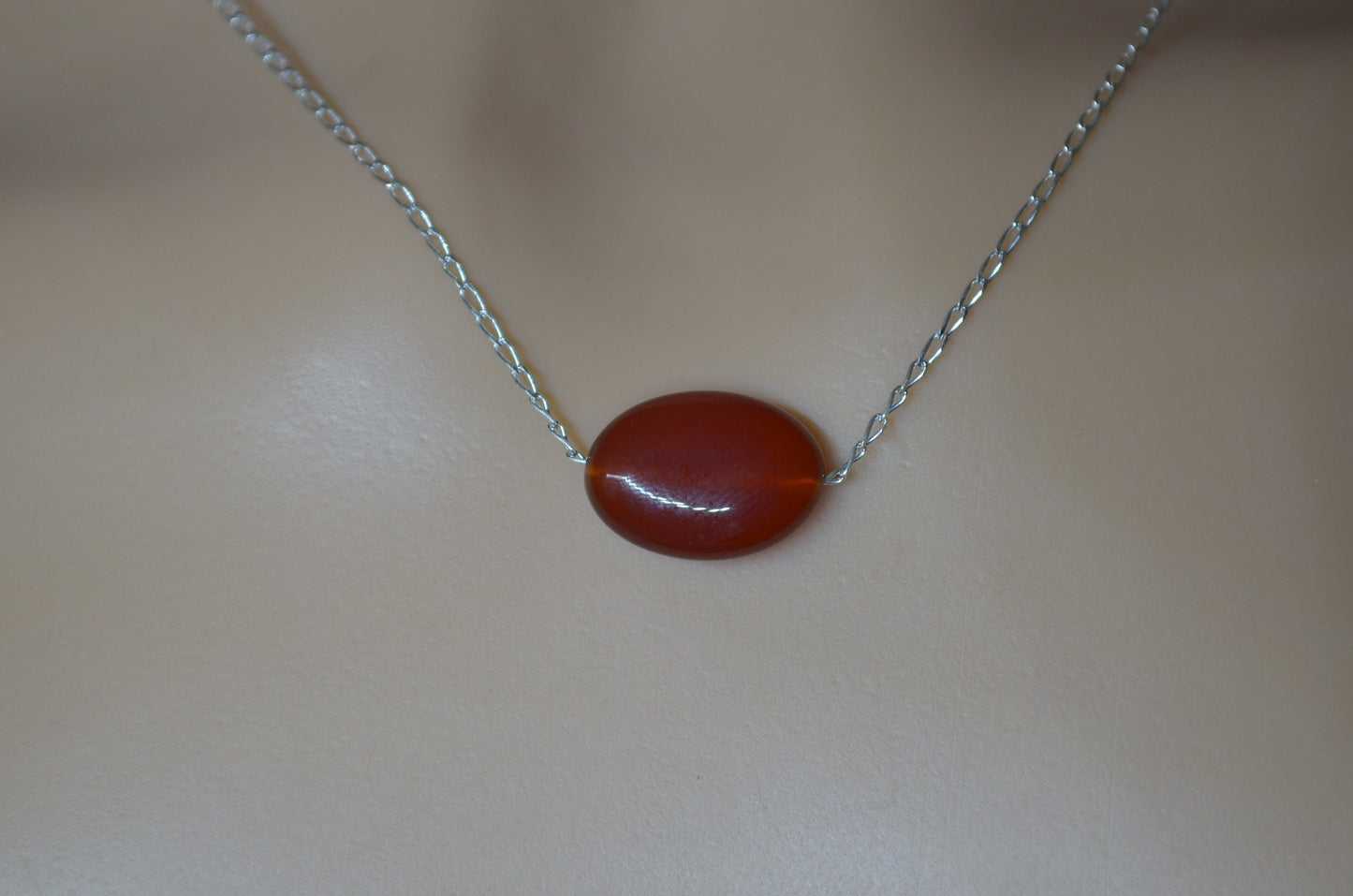 carnelian silver necklace, oval natural red gemstone pendant, 18” chain