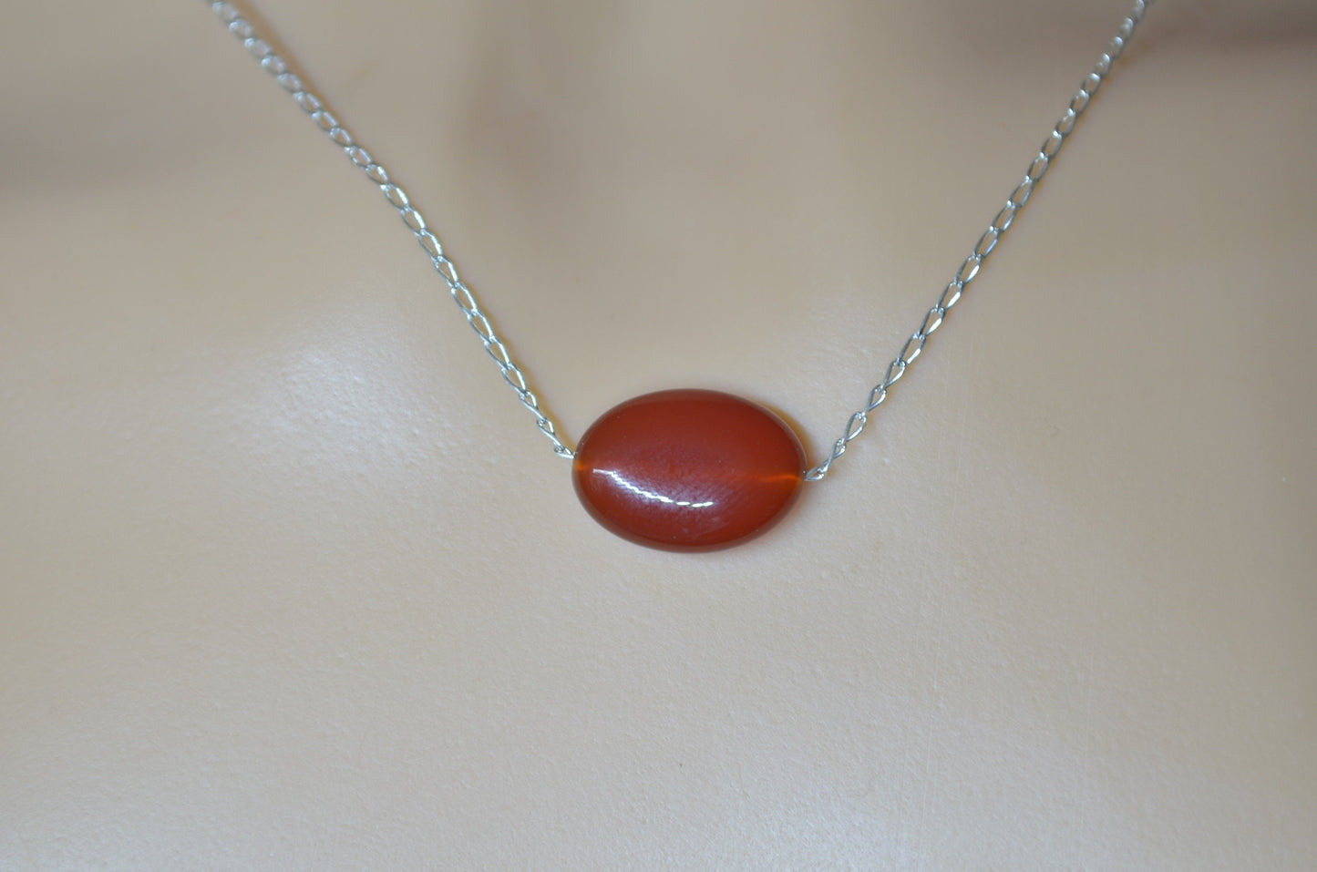 carnelian silver necklace, oval natural red gemstone pendant, 18” chain